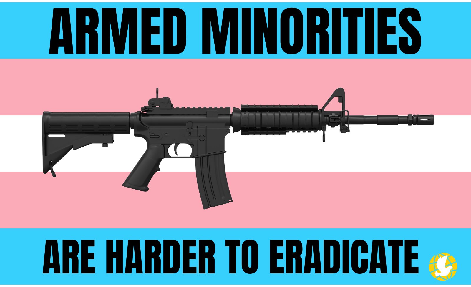 Transgender flag with a gun sillhouette overlayed on it. Text says: ARMED MINORITIES ARE HARDER TO ERADICATE